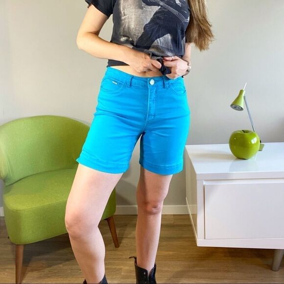 90s  Vintage Teal High Waist Long Jean Bermuda Shorts - Picture 4 of 14